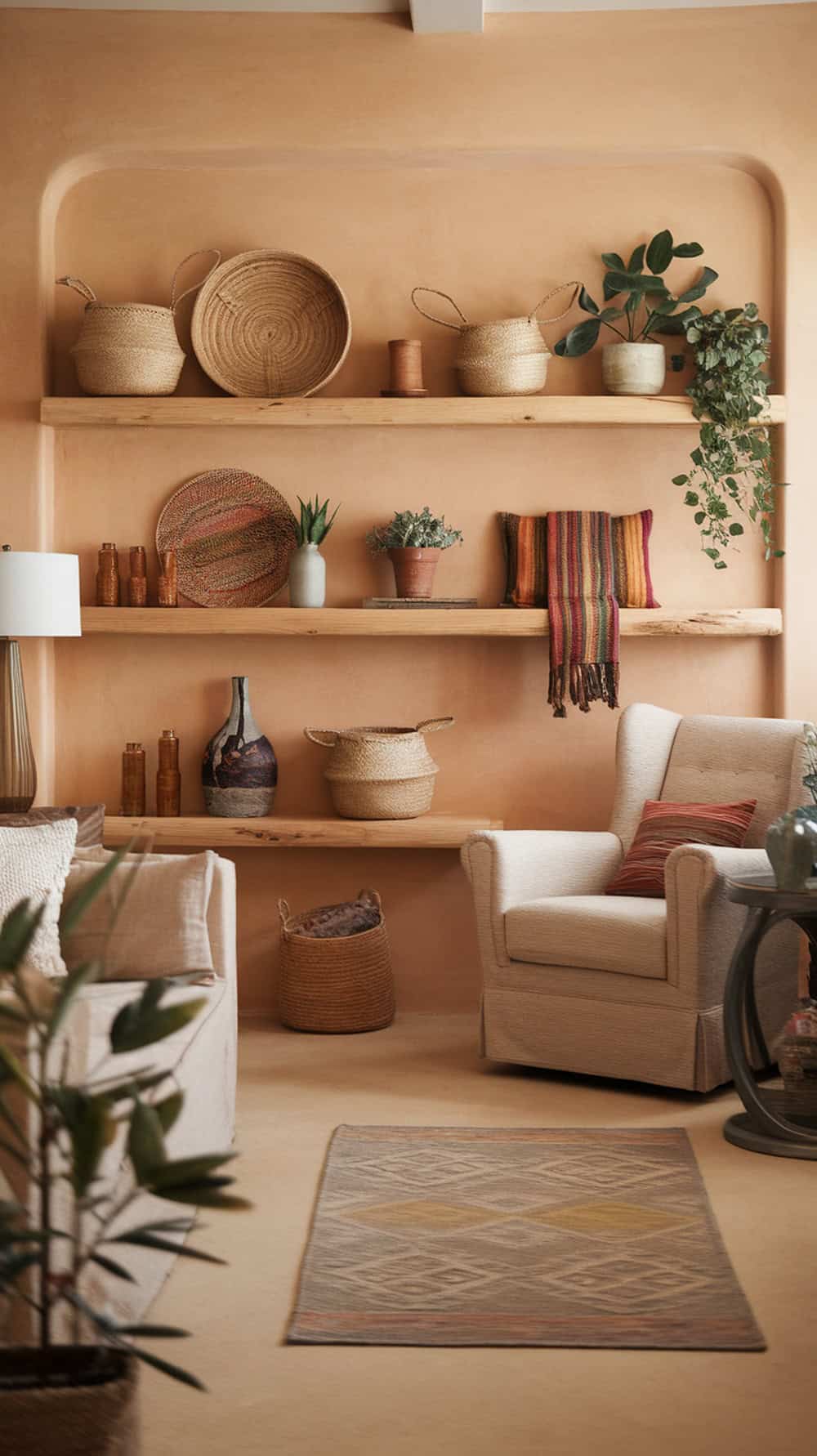 Natural wood shelves decorated with boho items like baskets, plants, and pottery in a cozy living room.