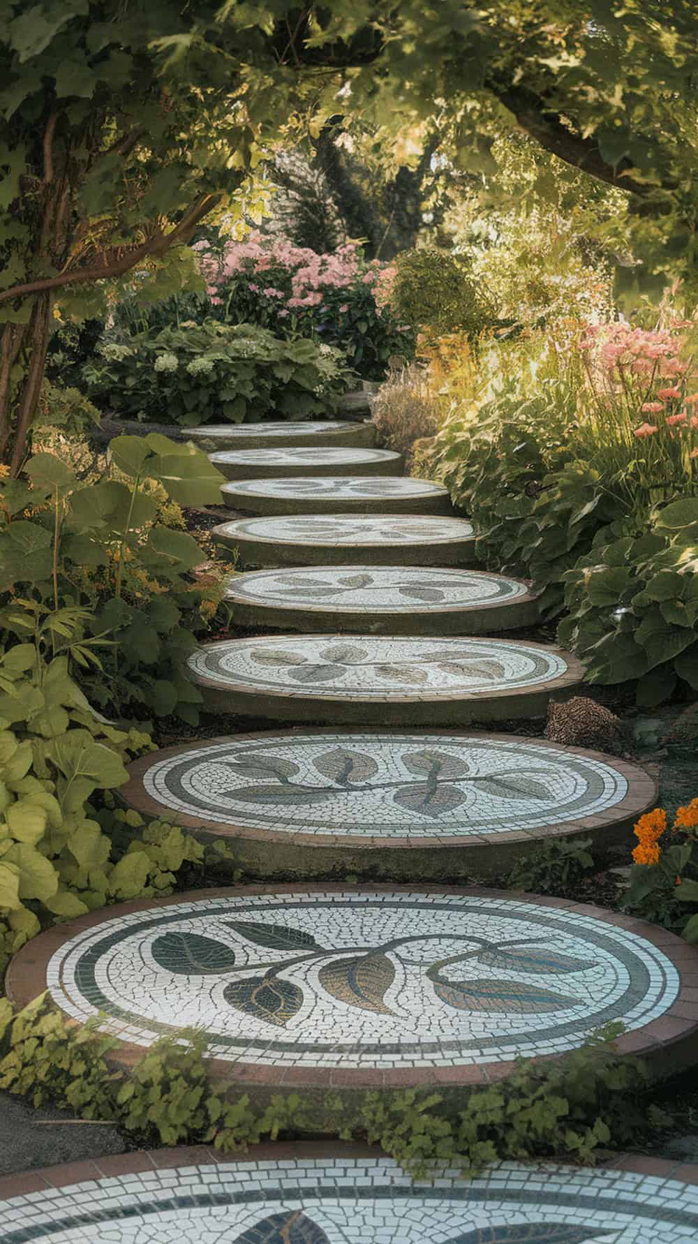 A nature-inspired stepping pathway with leaf and vine motifs surrounded by lush greenery and flowers.