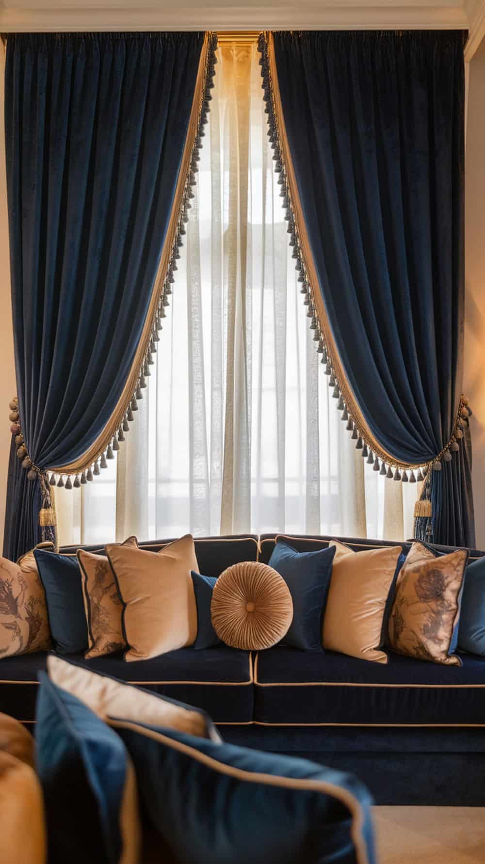 Navy blue curtains with cream sheers in a stylish living room setting