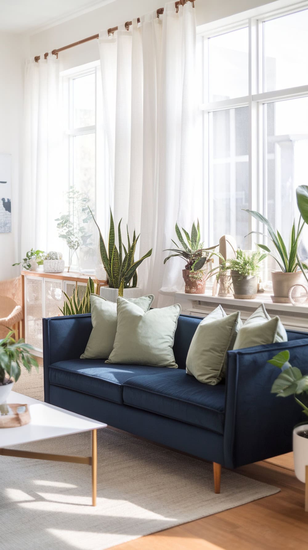 A navy couch with sage green throw pillows in a bright living room filled with plants.