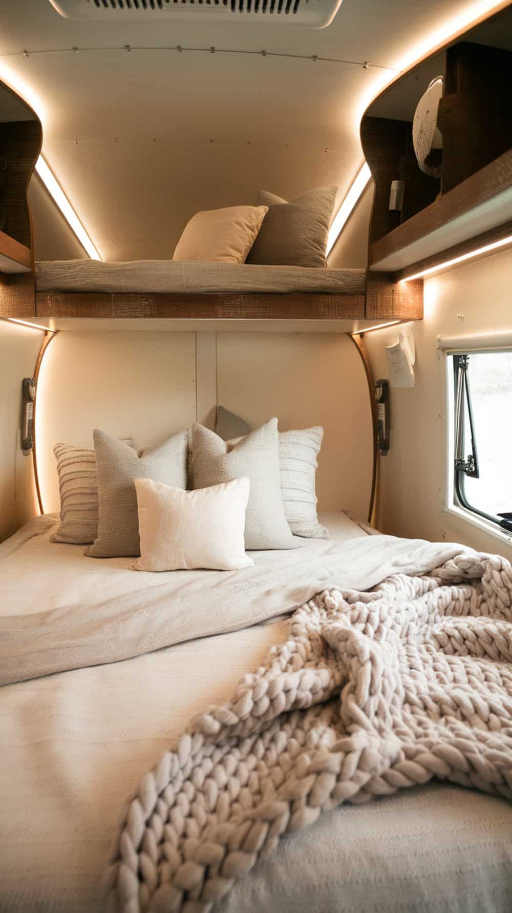 Cozy camper bunk bed with neutral bedding and chunky knit blanket