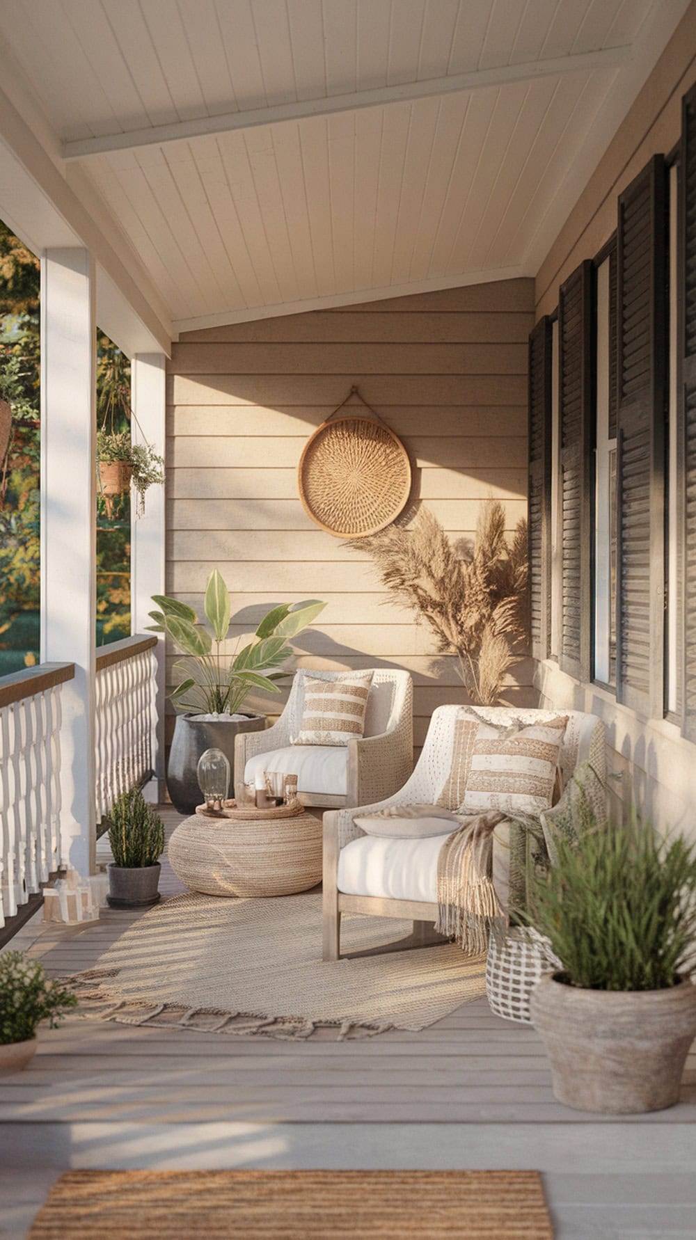 Cozy farmhouse porch with neutral colors and earthy tones, featuring comfortable chairs, a round table, and plants.