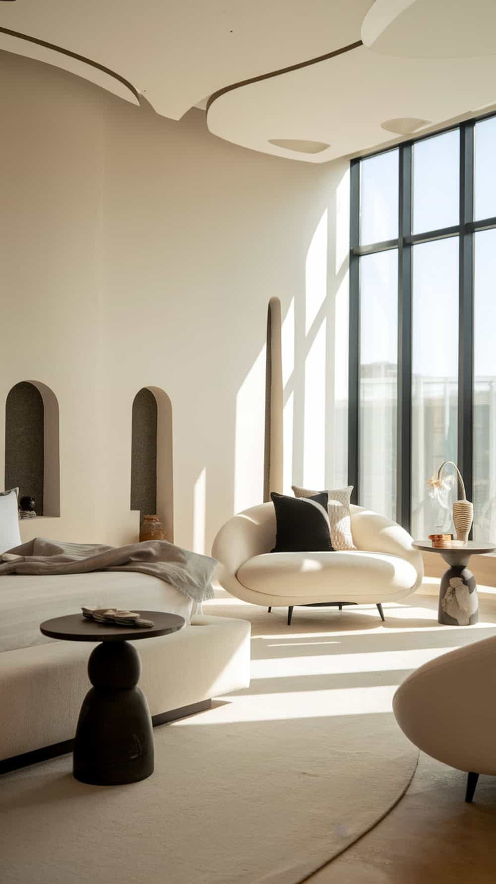 A modern bedroom featuring a neutral color palette with black accents, showcasing soft furniture and large windows.