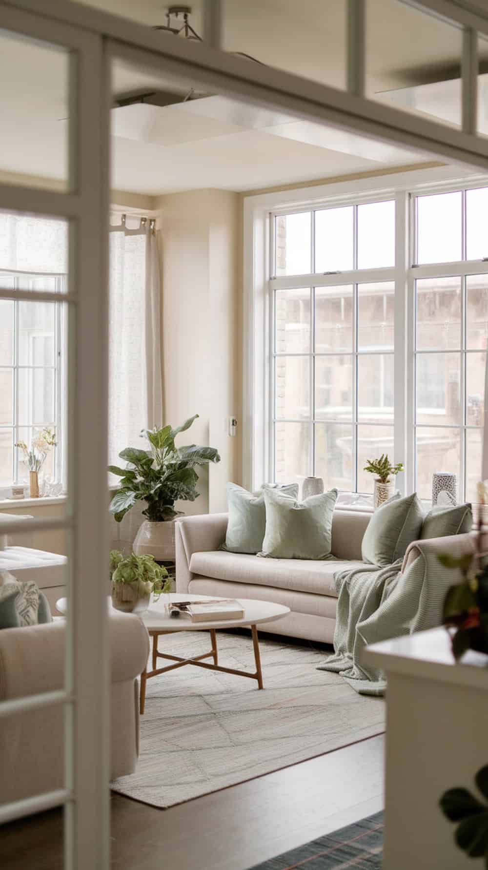 A cozy living room with neutral colors and soft green and blue accents, featuring plants and comfortable furniture.