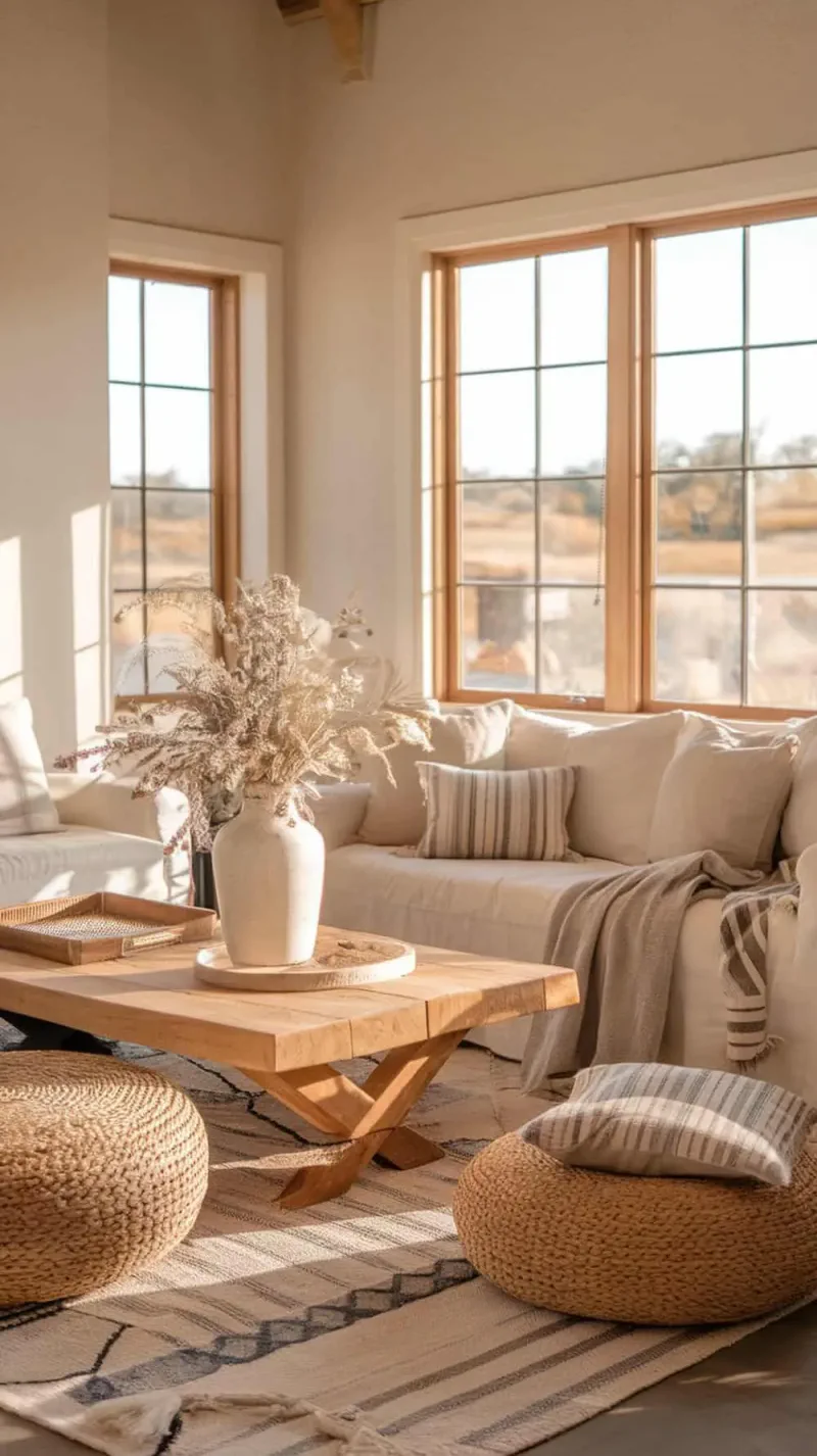 A cozy living room with neutral colors, natural textures, and large windows