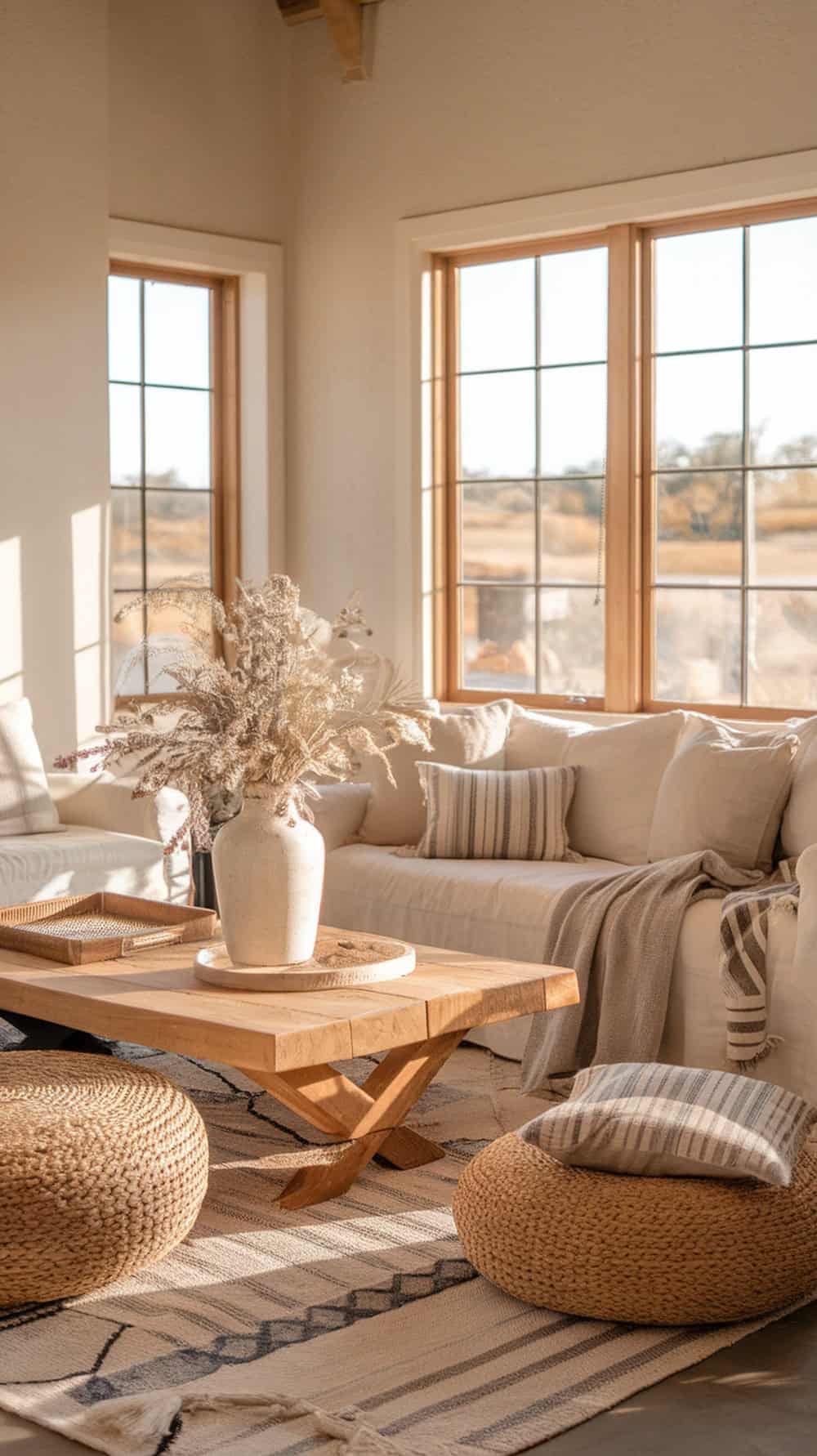 A cozy living room with neutral colors, natural textures, and large windows