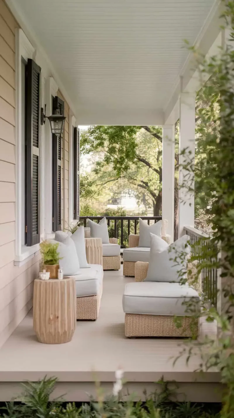 A narrow front porch with neutral colored seating and natural wood accents.