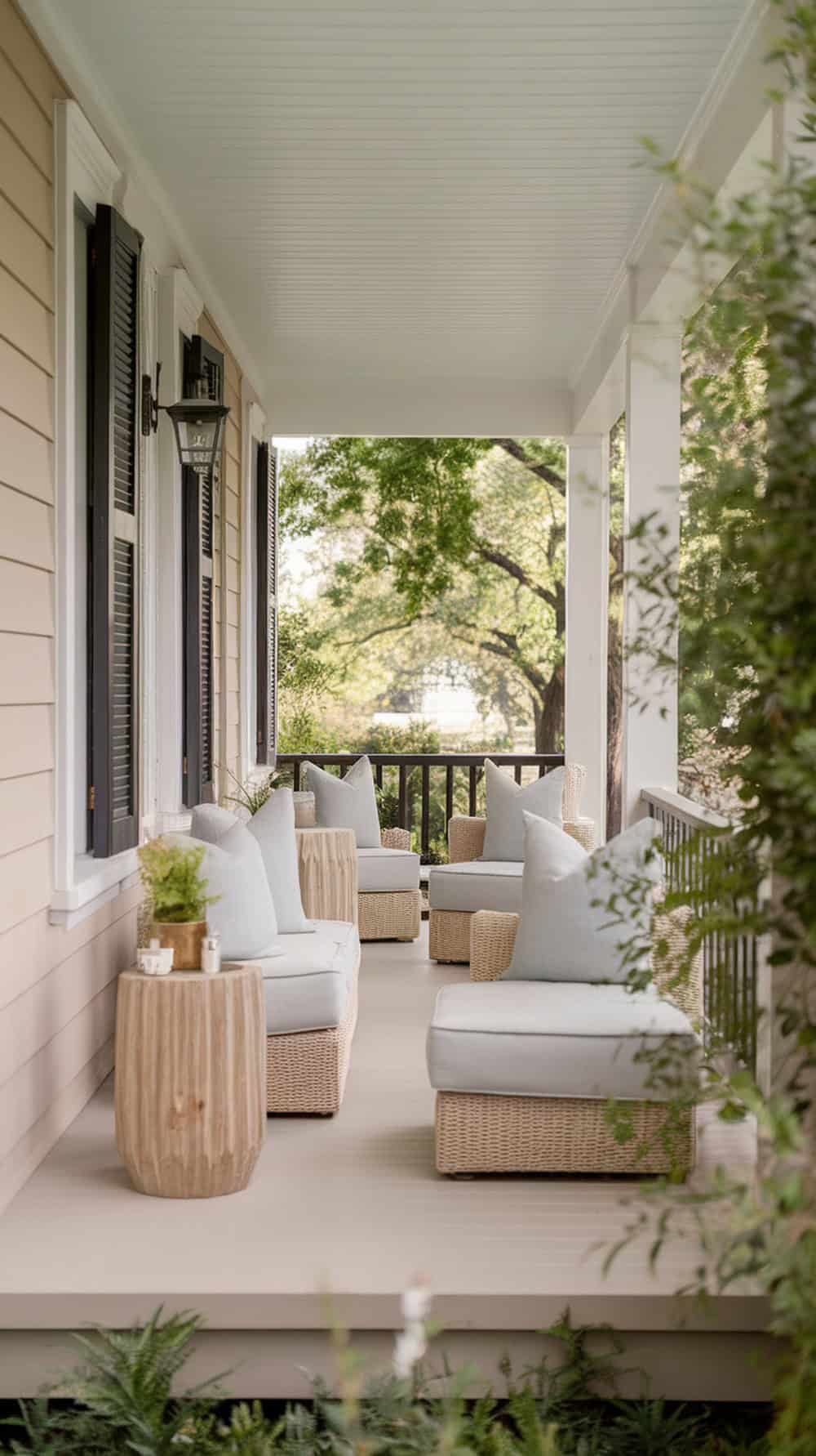 A narrow front porch with neutral colored seating and natural wood accents.