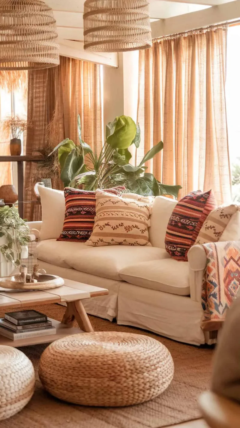 Cozy living room with a neutral sectional sofa, tribal-patterned pillows, and natural decor.