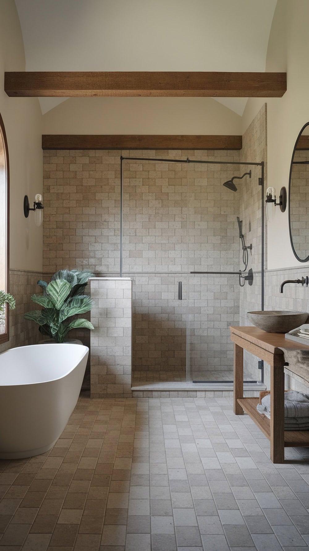 A modern rustic bathroom featuring neutral tiles and wood accents, with a soaking tub and shower area.