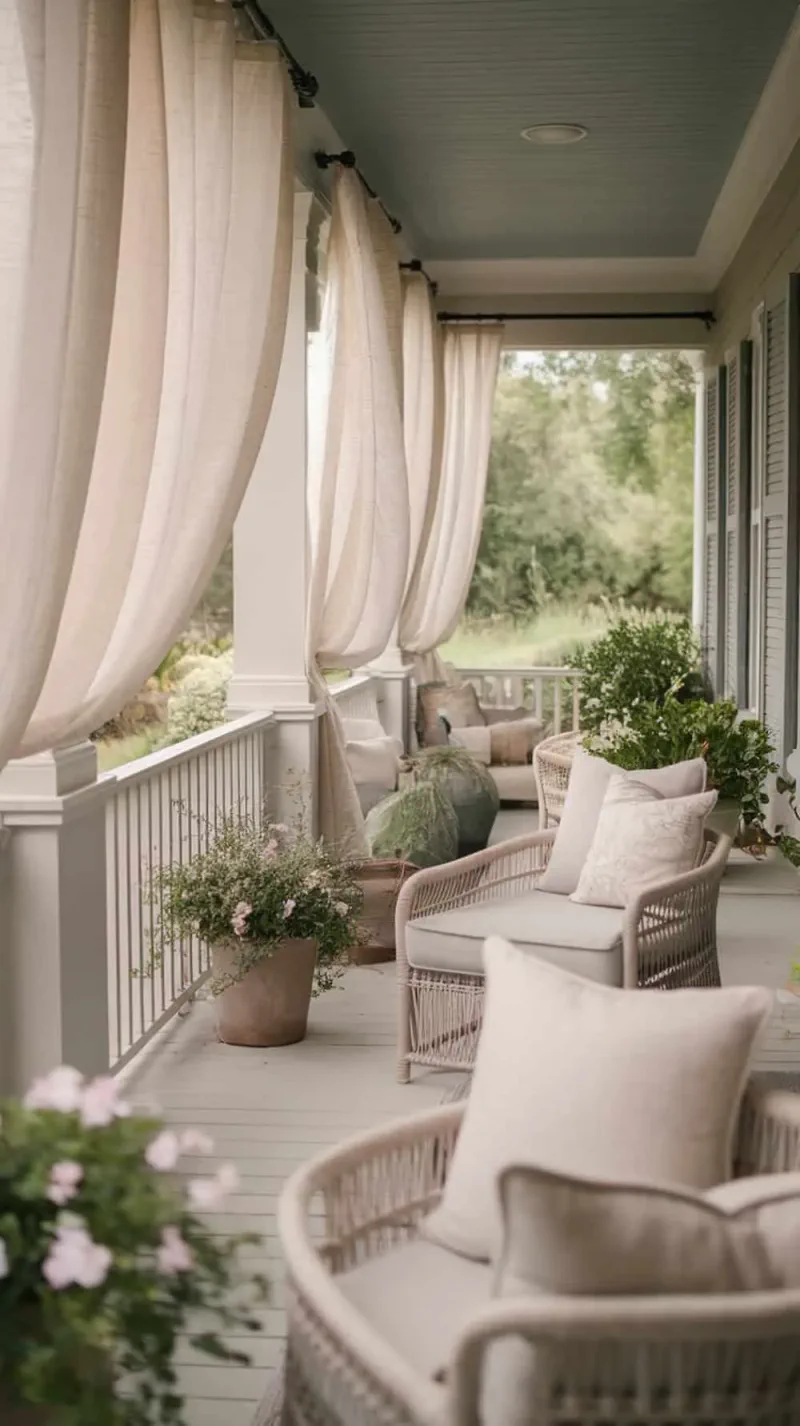 A calm porch with neutral-toned curtains, cozy seating, and plants.