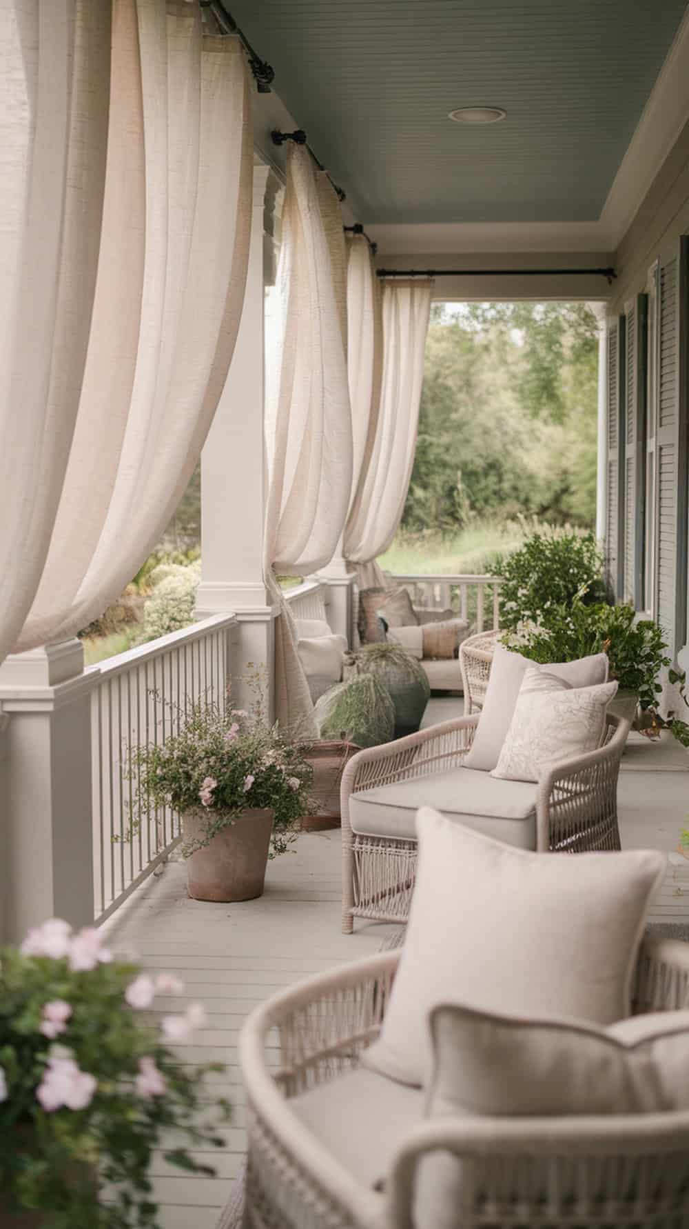 A calm porch with neutral-toned curtains, cozy seating, and plants.