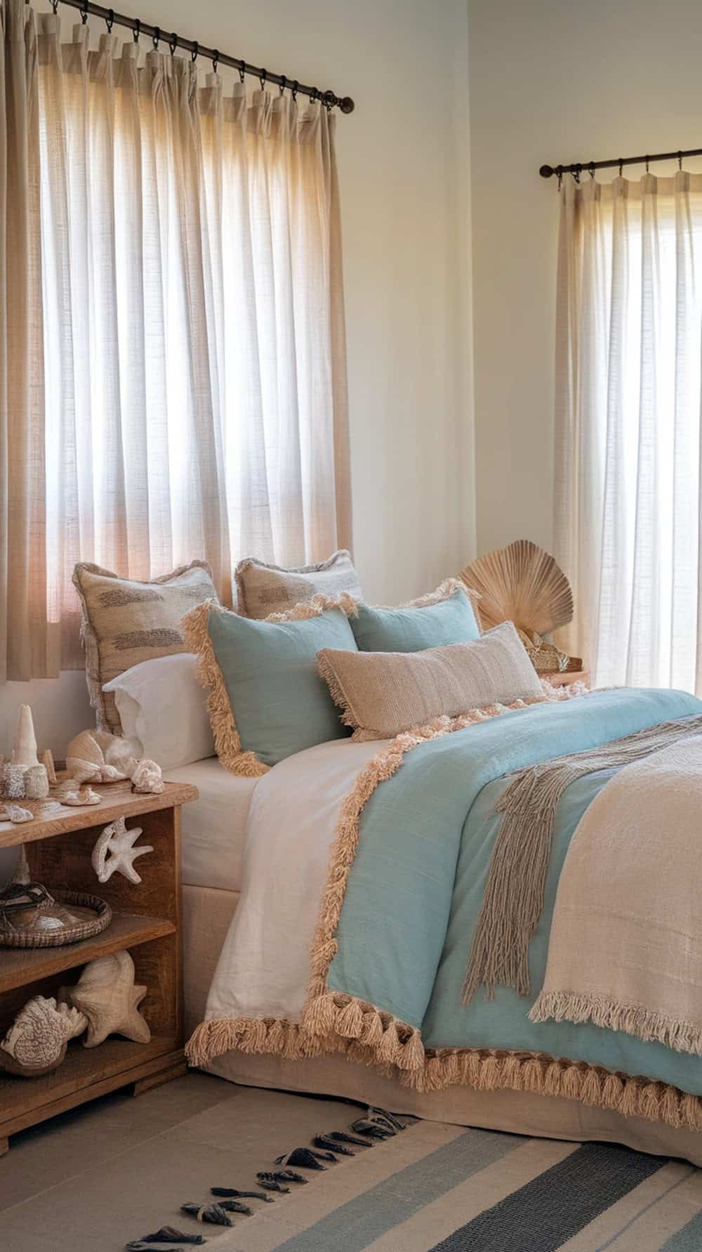 Cozy bedroom with ocean-toned bedding and soft fringe details