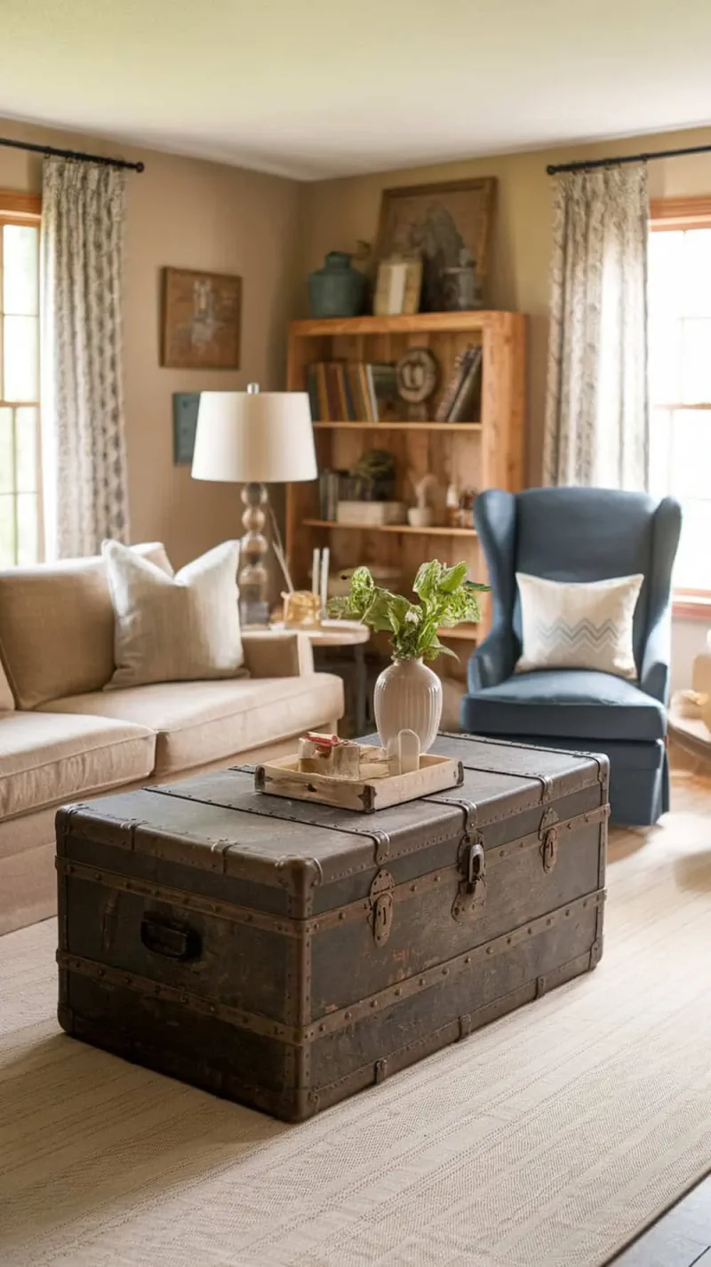 A cozy living room featuring an old trunk as a coffee table, surrounded by comfortable seating and warm decor.
