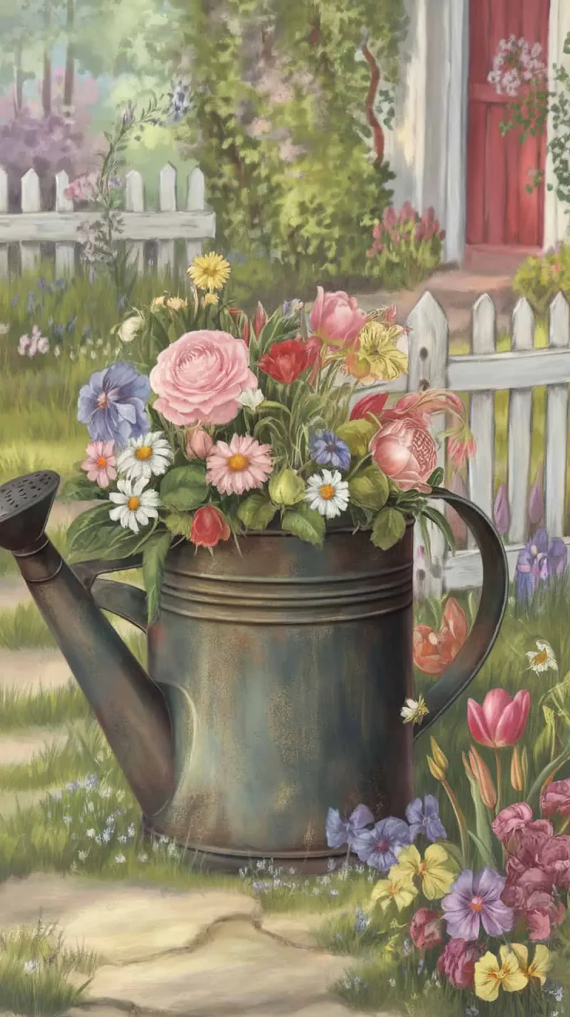 An old watering can filled with colorful flowers in a garden setting.