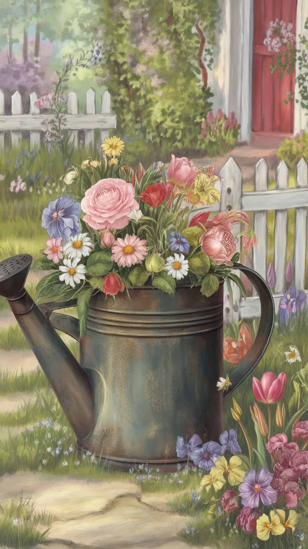 An old watering can filled with colorful flowers in a garden setting.