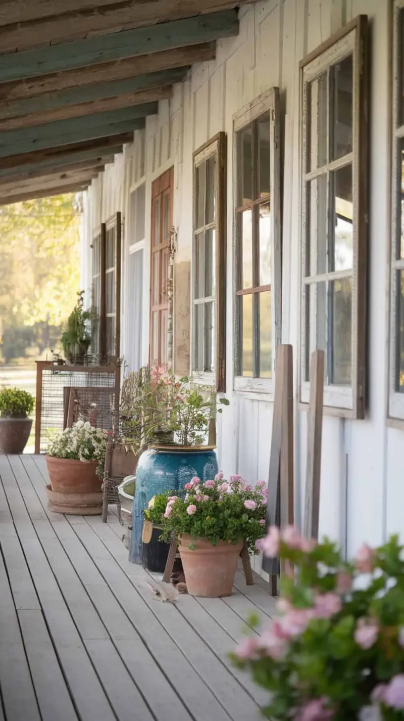 Old window frames used as wall decor on a porch