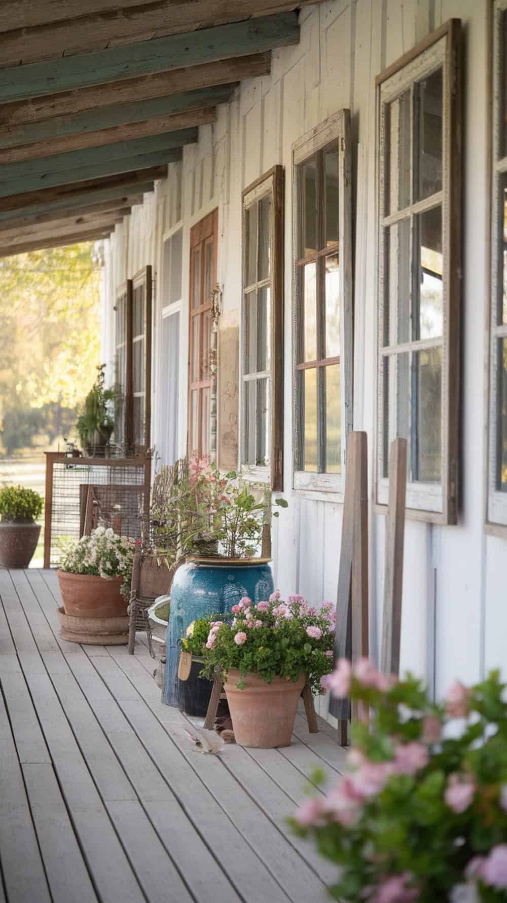Old window frames used as wall decor on a porch