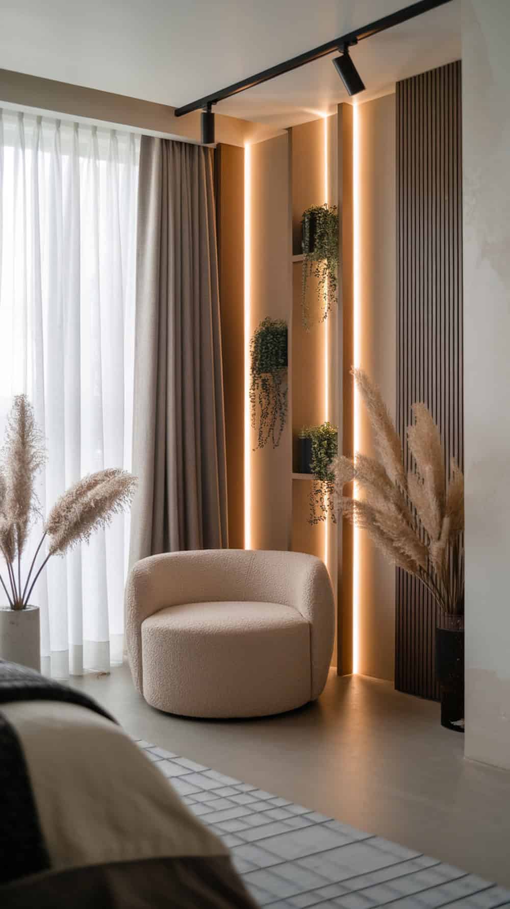 Modern bedroom with an open floor plan, featuring a cozy chair and warm lighting.