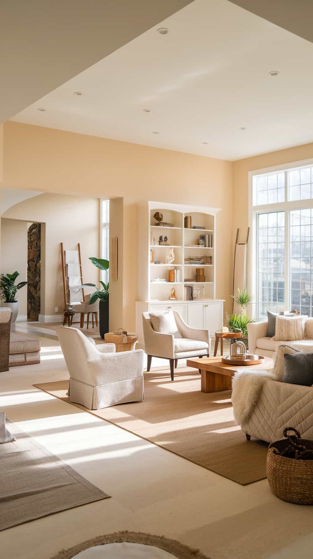A bright and airy living room with an open floor plan, featuring cozy chairs, a wooden coffee table, and shelves filled with decor.