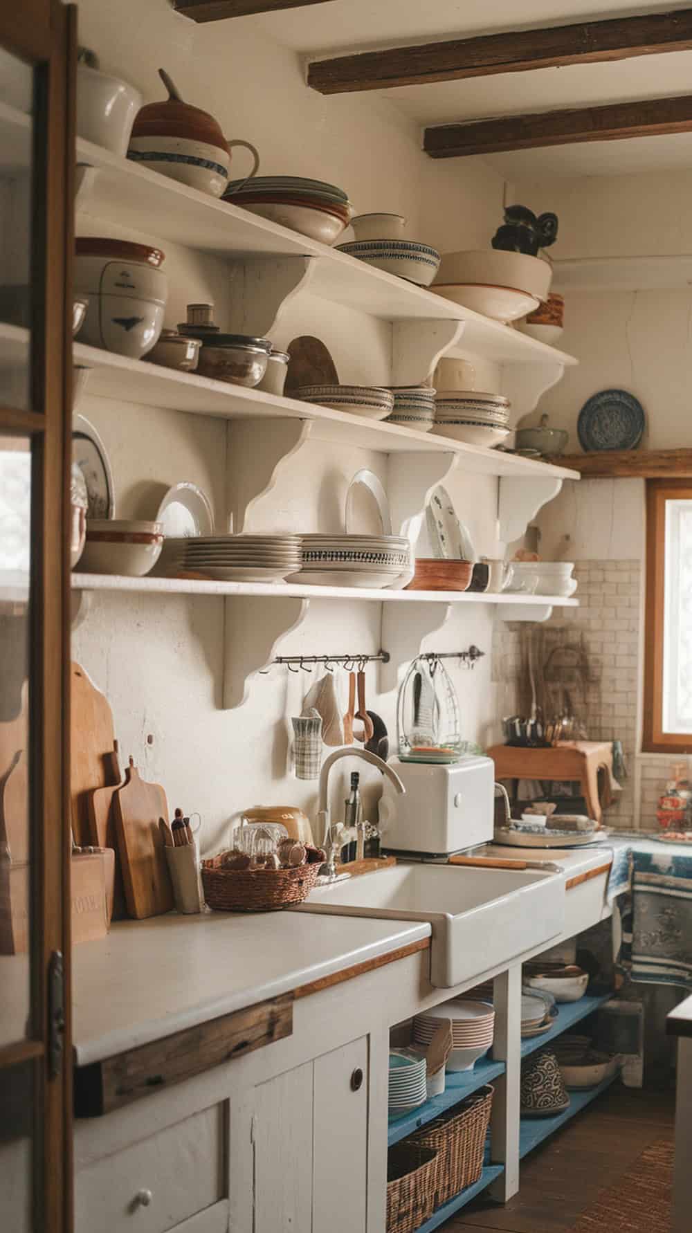Open kitchen shelving displaying vintage dishes in a cozy farmhouse setting.