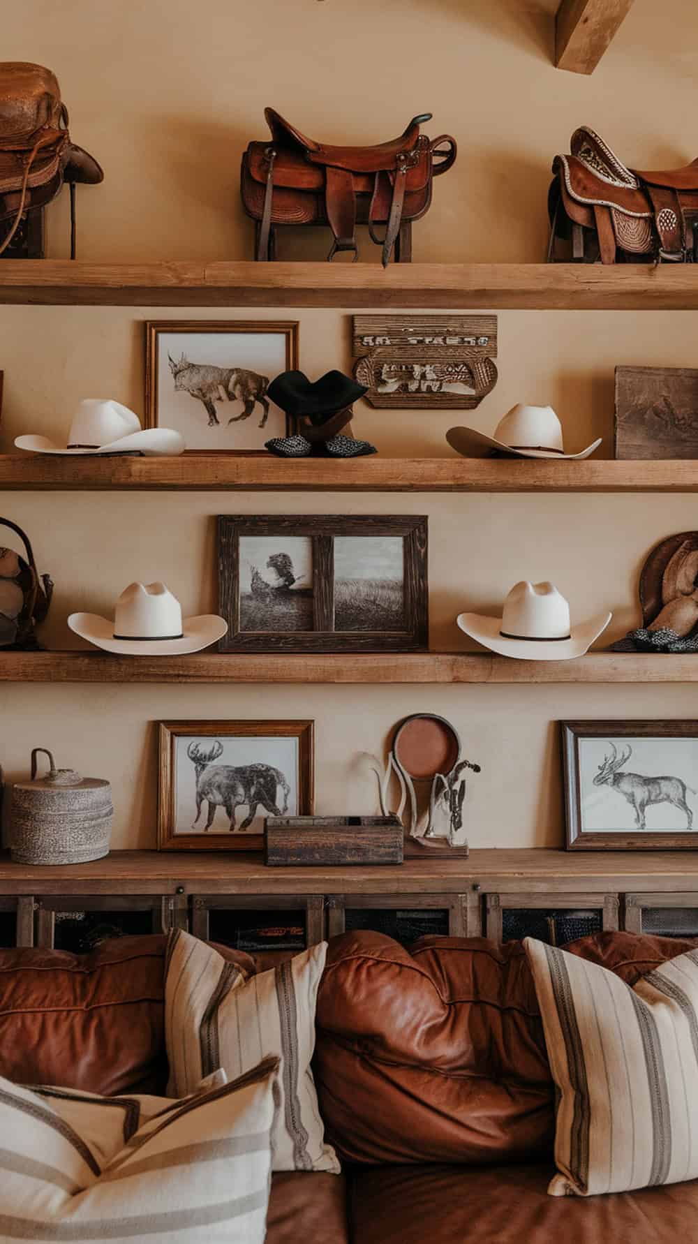 Open shelves decorated with western items like cowboy hats and saddles in a cozy living room.