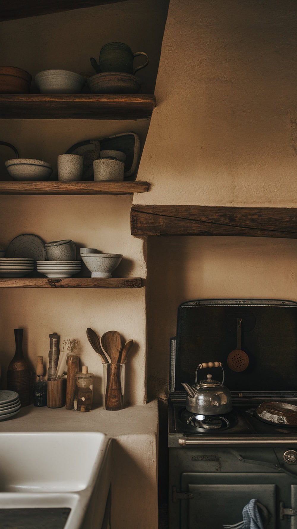 Rustic kitchen with open wooden shelves displaying stoneware and kitchen utensils.