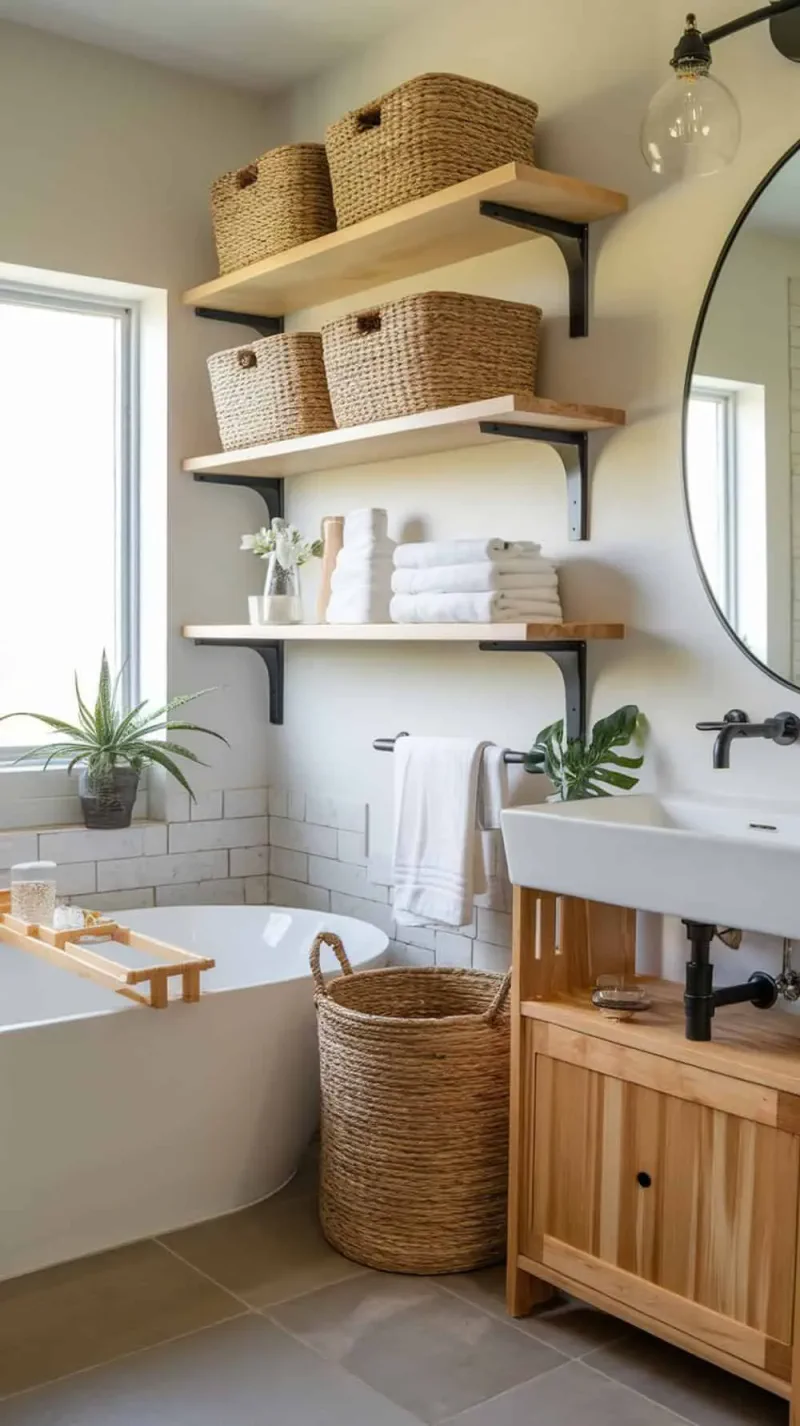 A modern rustic bathroom featuring open shelving with woven baskets, neatly arranged towels, and a cozy atmosphere.