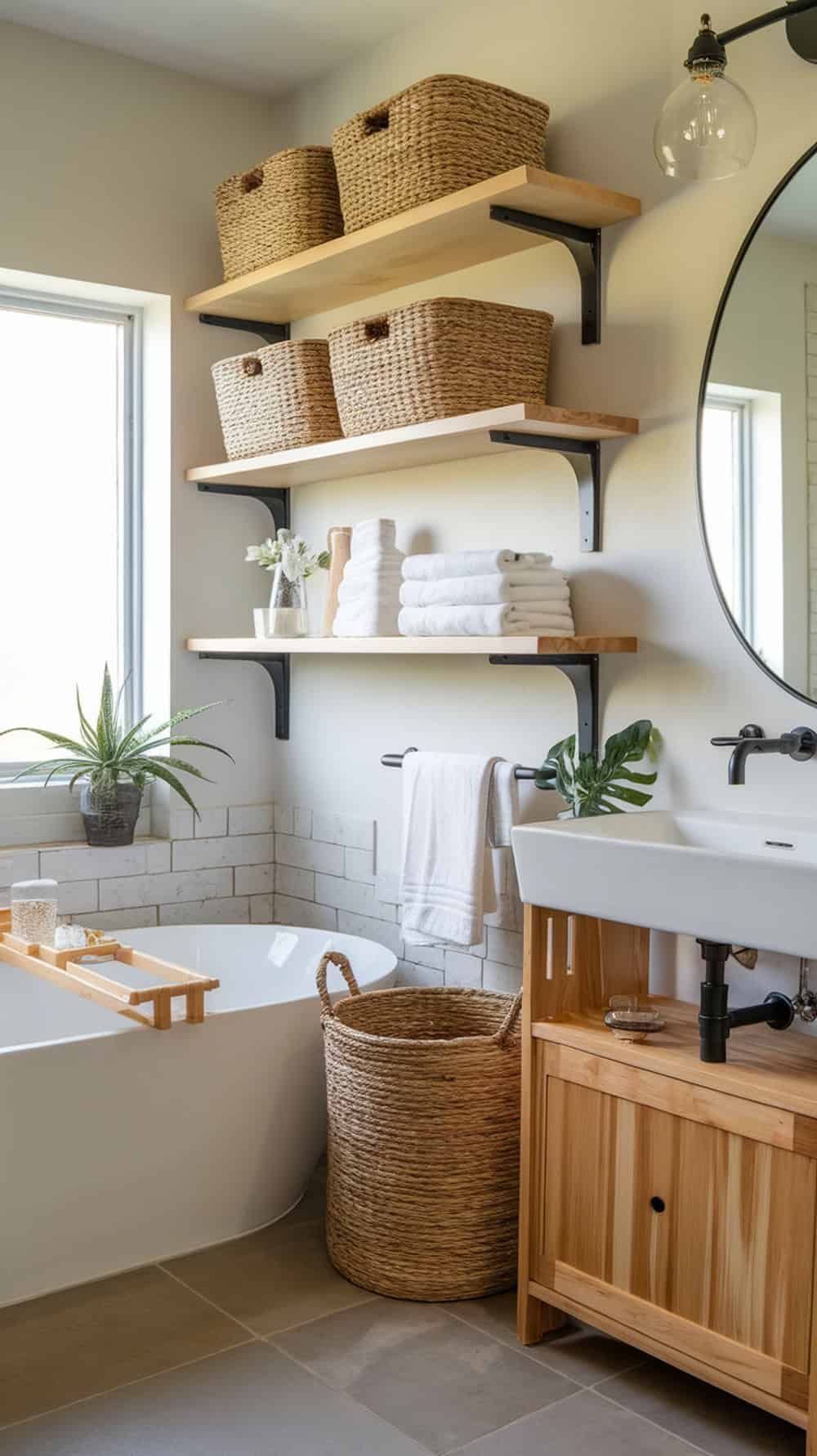 A modern rustic bathroom featuring open shelving with woven baskets, neatly arranged towels, and a cozy atmosphere.