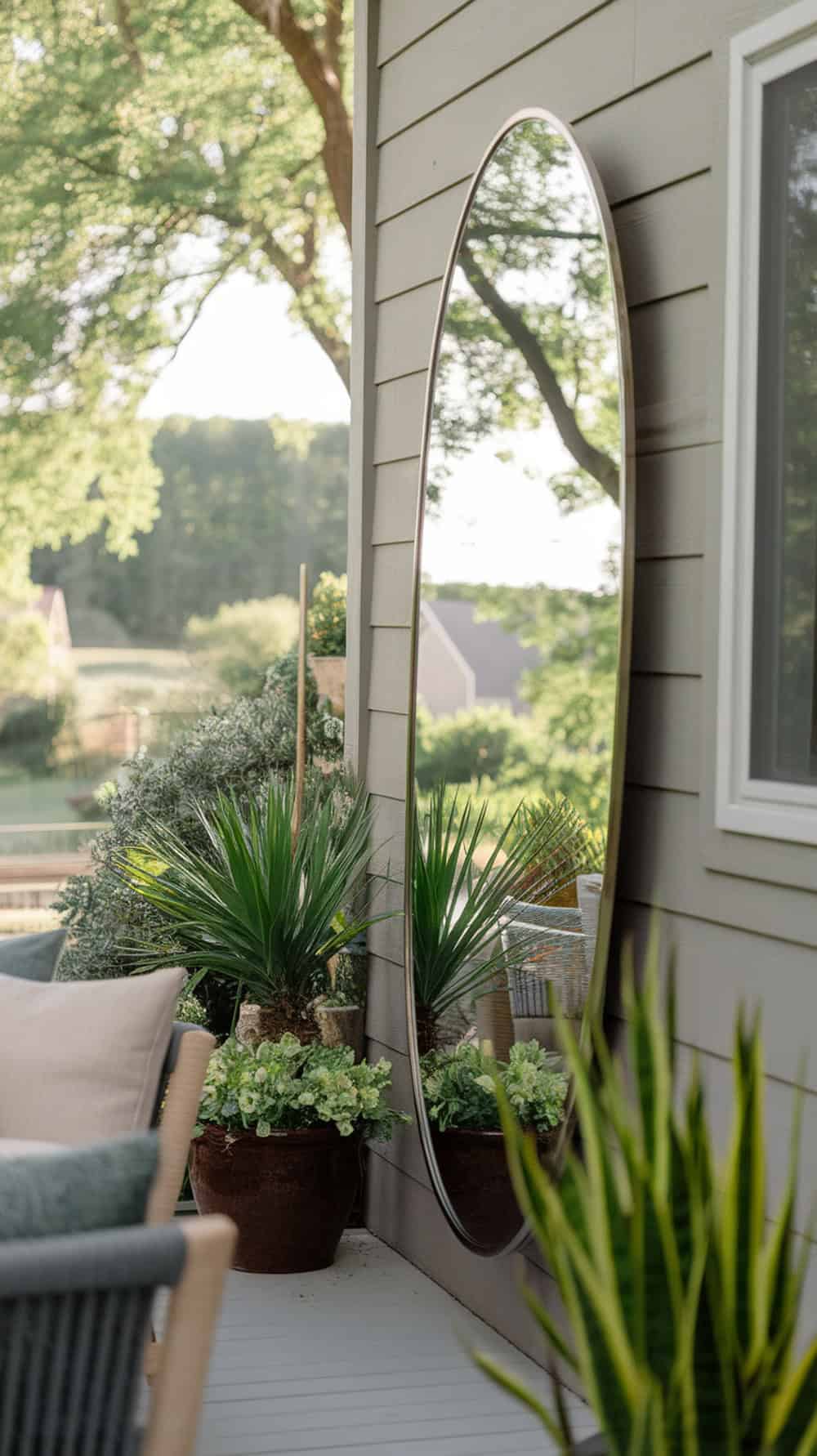 An oval mirror on a narrow porch reflecting greenery and plants