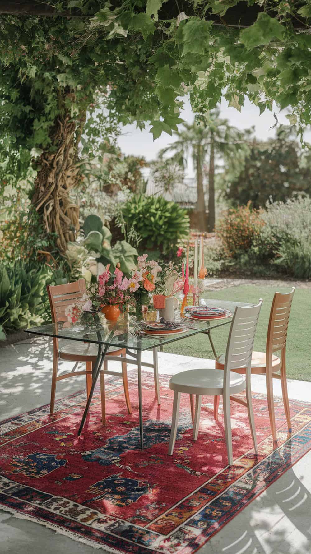 A colorful outdoor rug under a glass table setting surrounded by flowers and greenery.