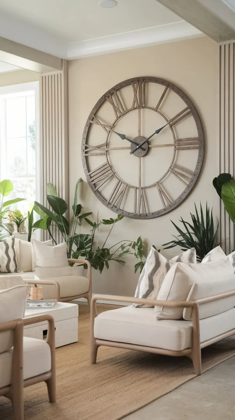 A cozy living room featuring an oversized wall clock, soft furniture, and plants.