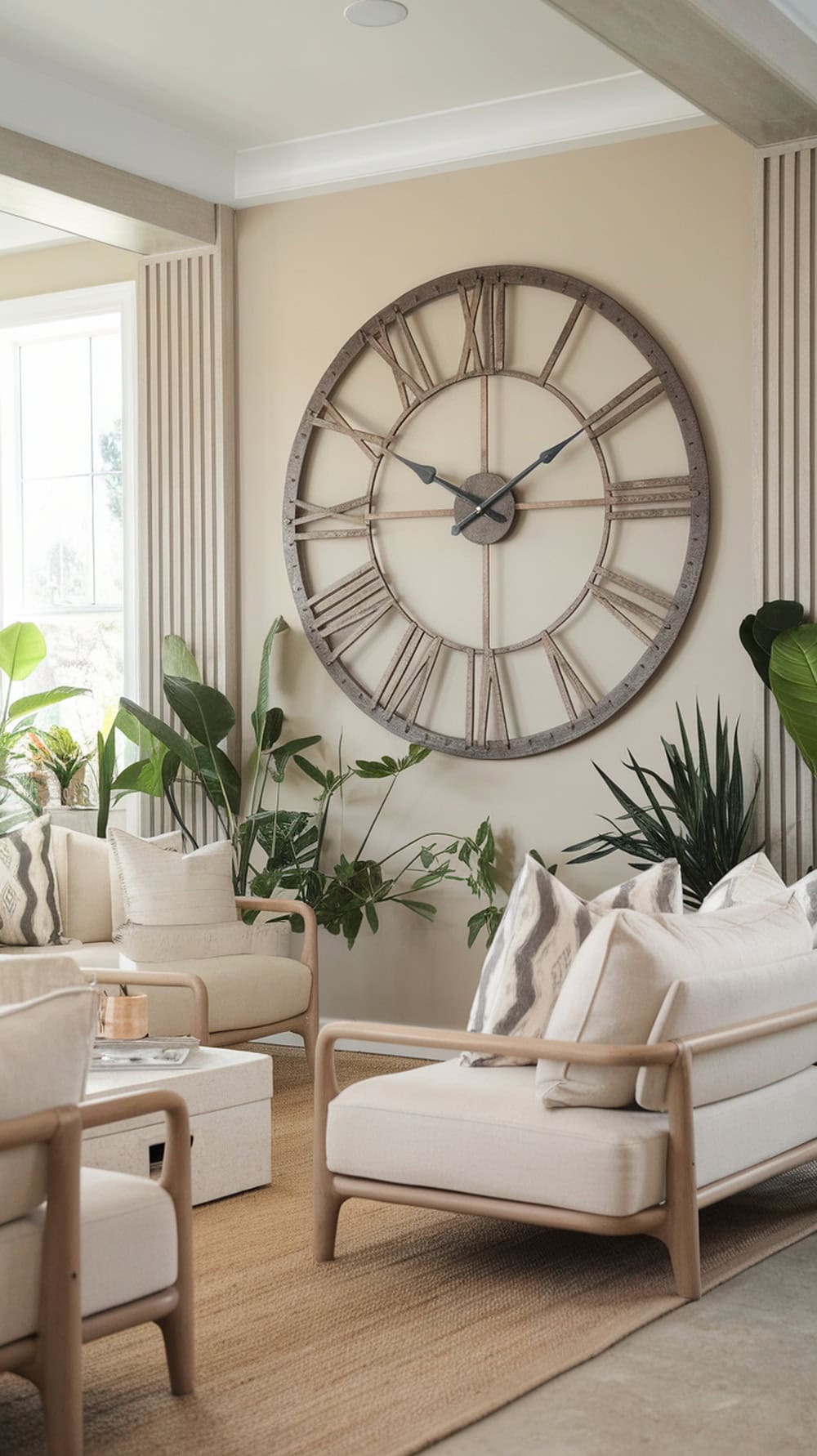 A cozy living room featuring an oversized wall clock, soft furniture, and plants.