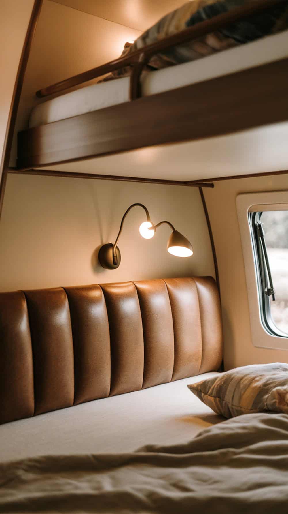 Cozy camper bunk bed with padded headboard and wall-mounted reading lights