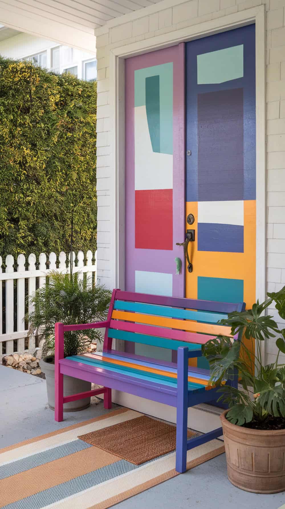 A colorful bench on a front porch with a vibrant front door.