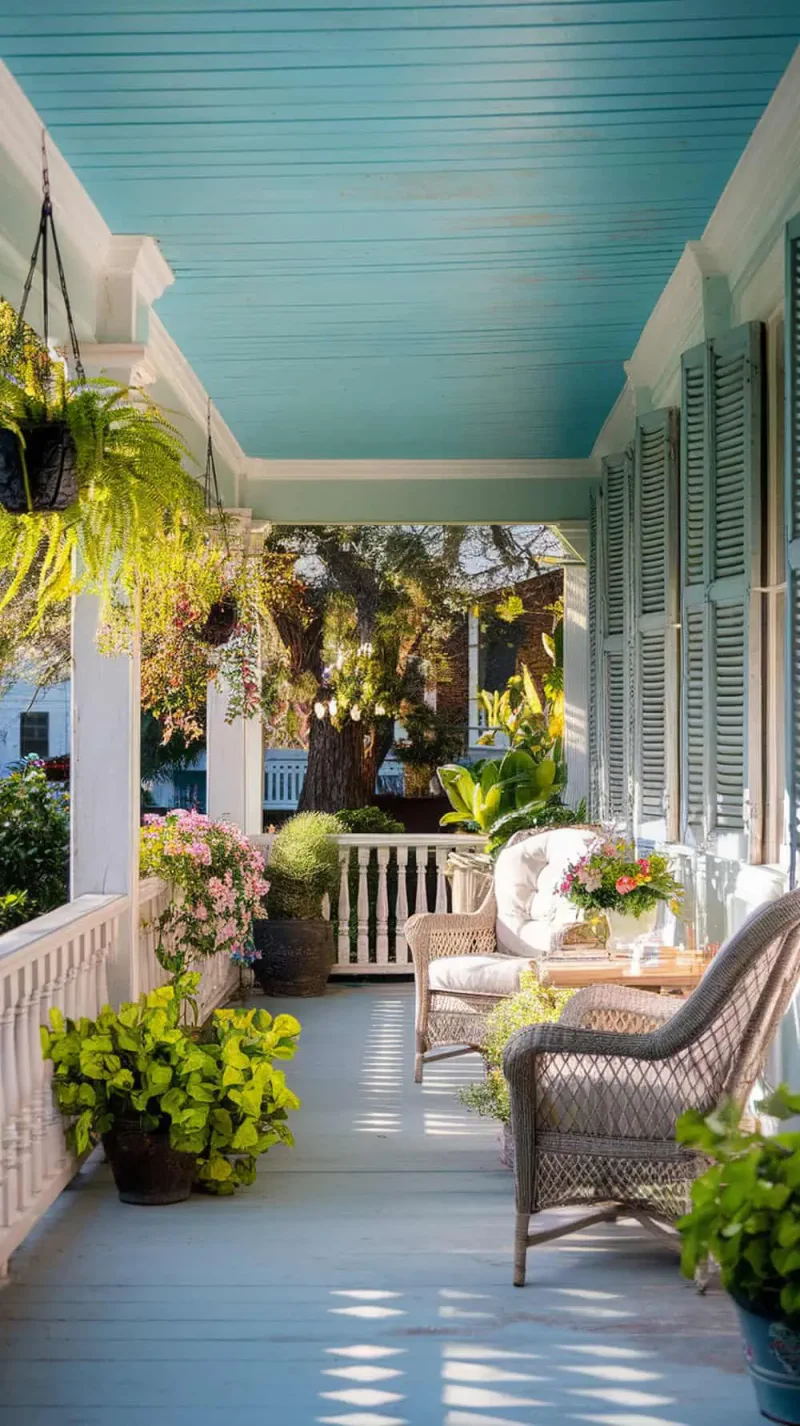 A cozy porch with a painted blue ceiling, surrounded by plants and flowers.