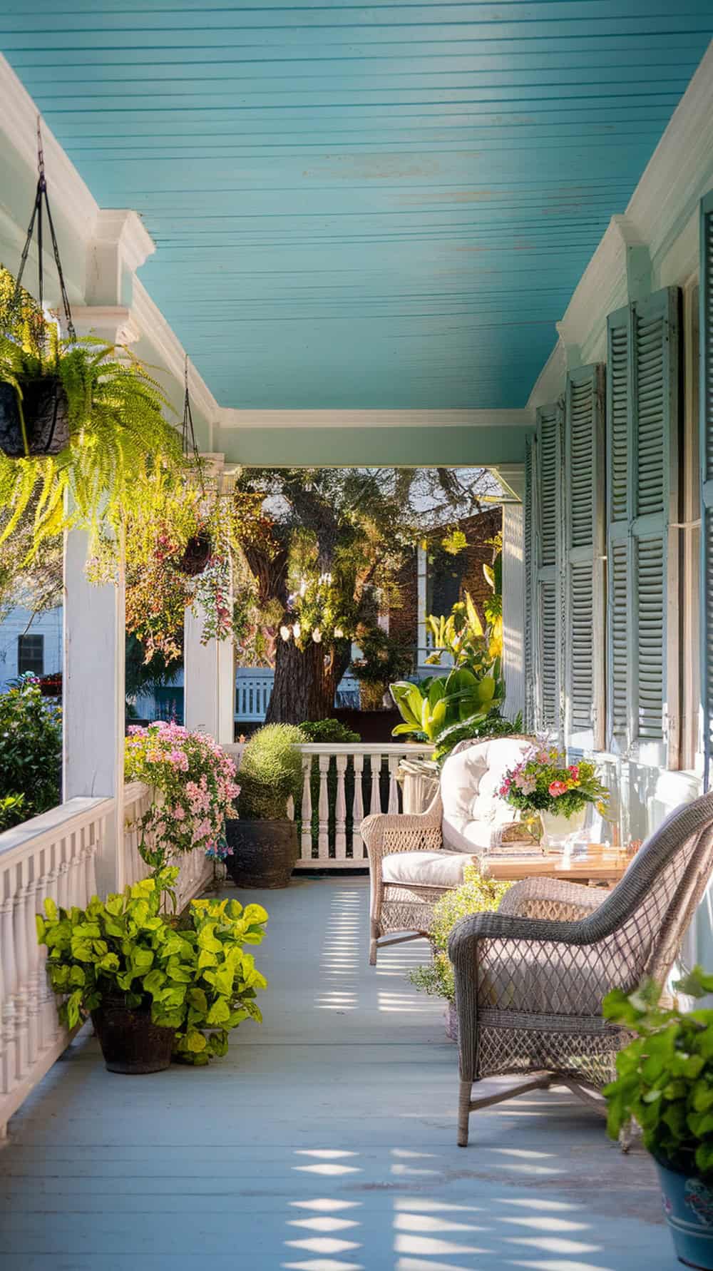 A cozy porch with a painted blue ceiling, surrounded by plants and flowers.
