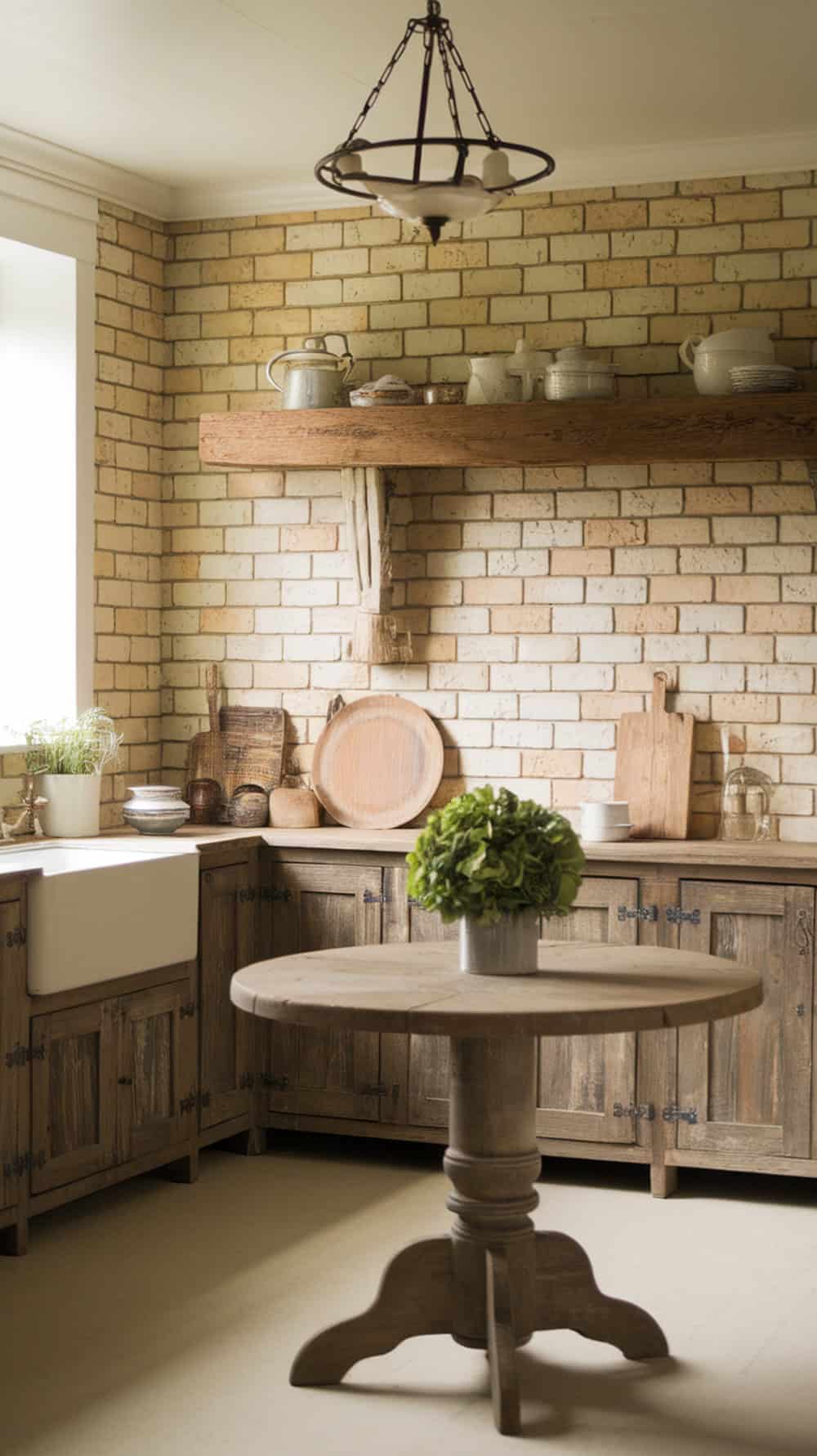 A cozy farmhouse kitchen with warm cream painted brick backsplash and rustic wooden elements.
