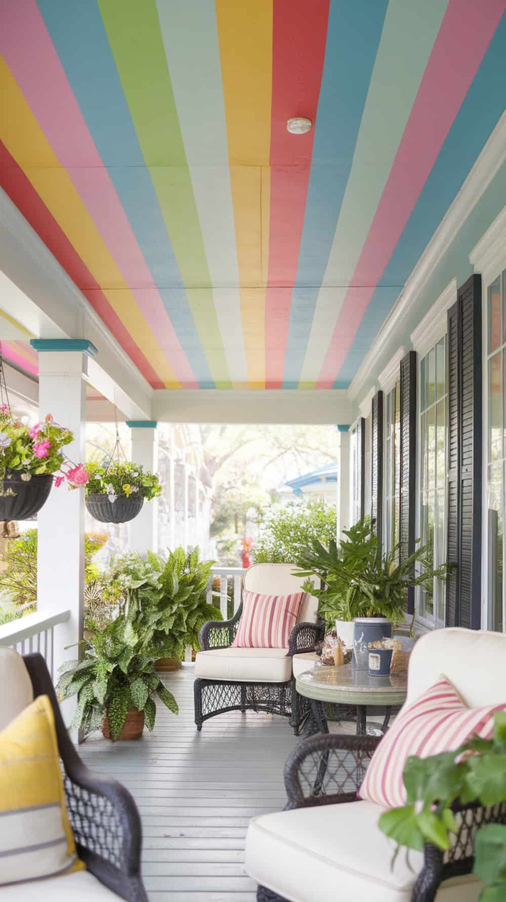 Colorful striped ceiling on a porch with plants and seating