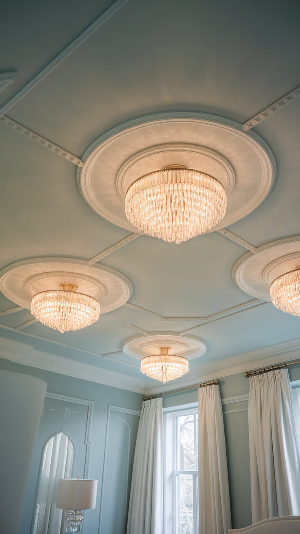 A pale blue ceiling with white chandeliers in a stylish bedroom.