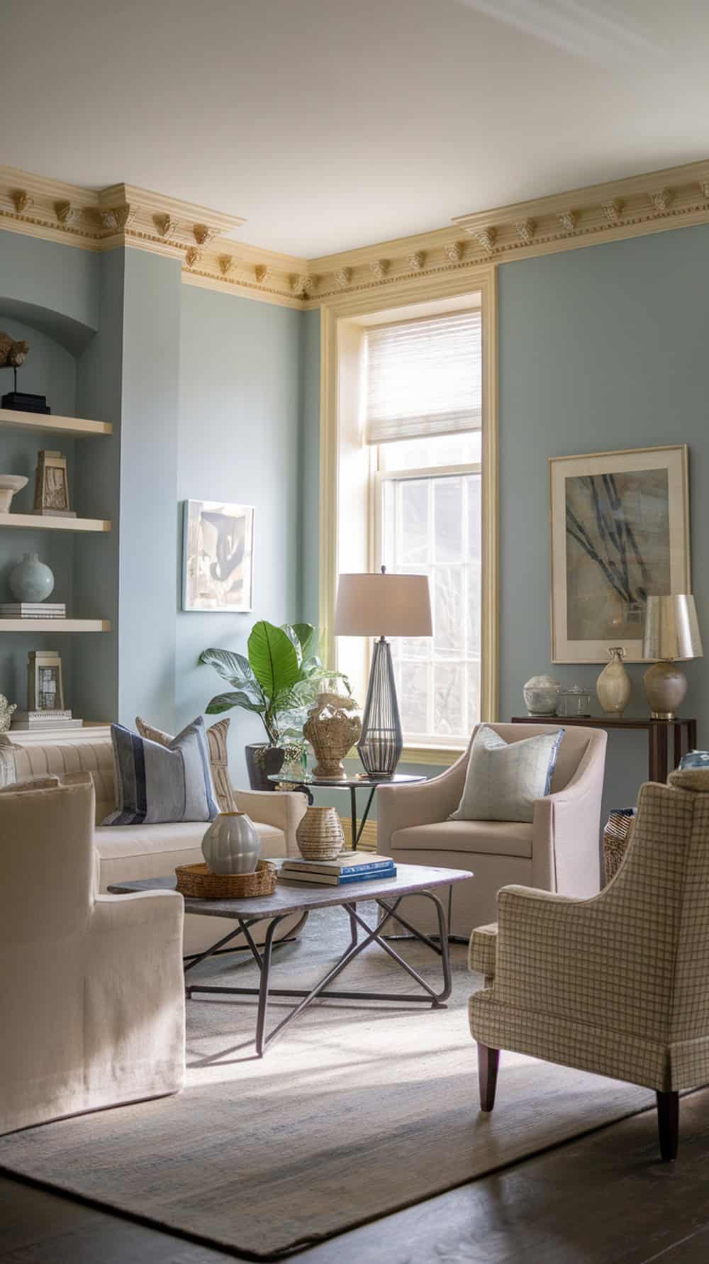 A living room with pale blue walls and cream crown molding, featuring cozy furniture and plants.
