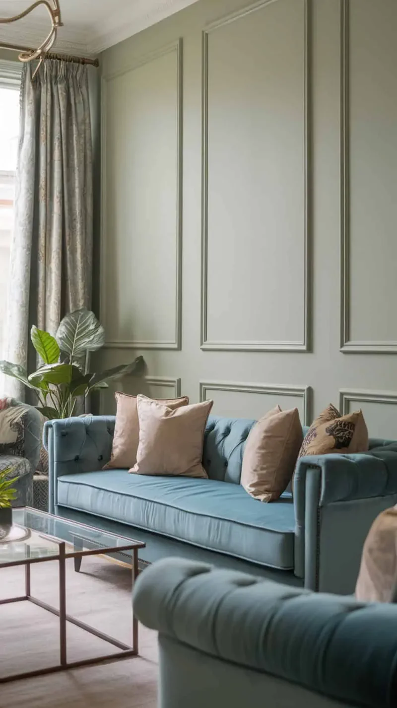 Living room with pale green walls and a blue velvet couch