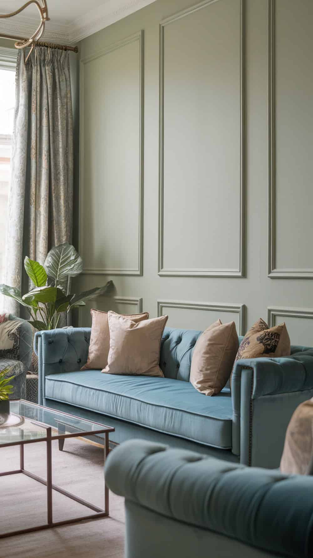 Living room with pale green walls and a blue velvet couch
