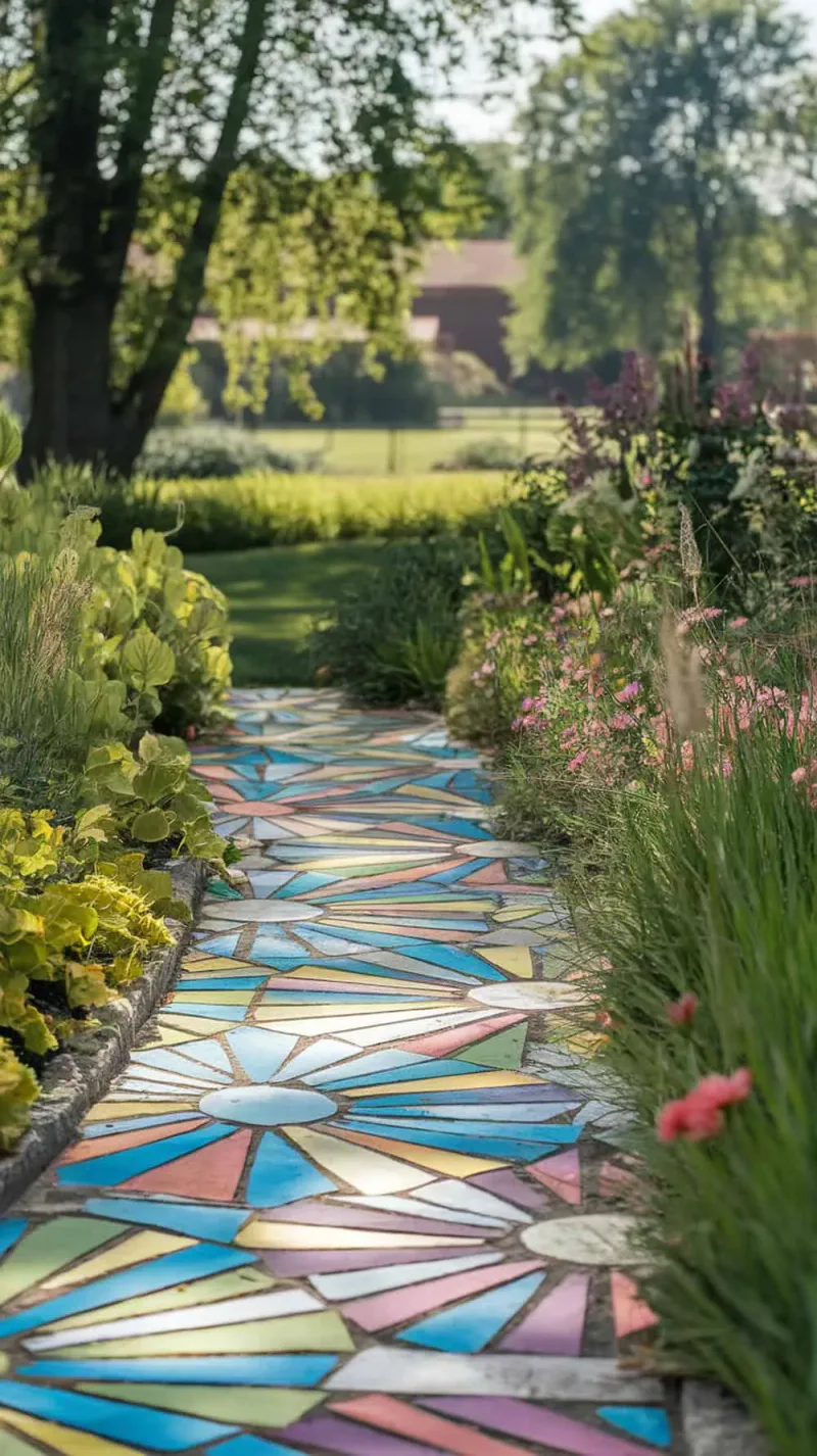 A colorful mosaic stepping pathway with sunburst patterns surrounded by greenery and flowers.