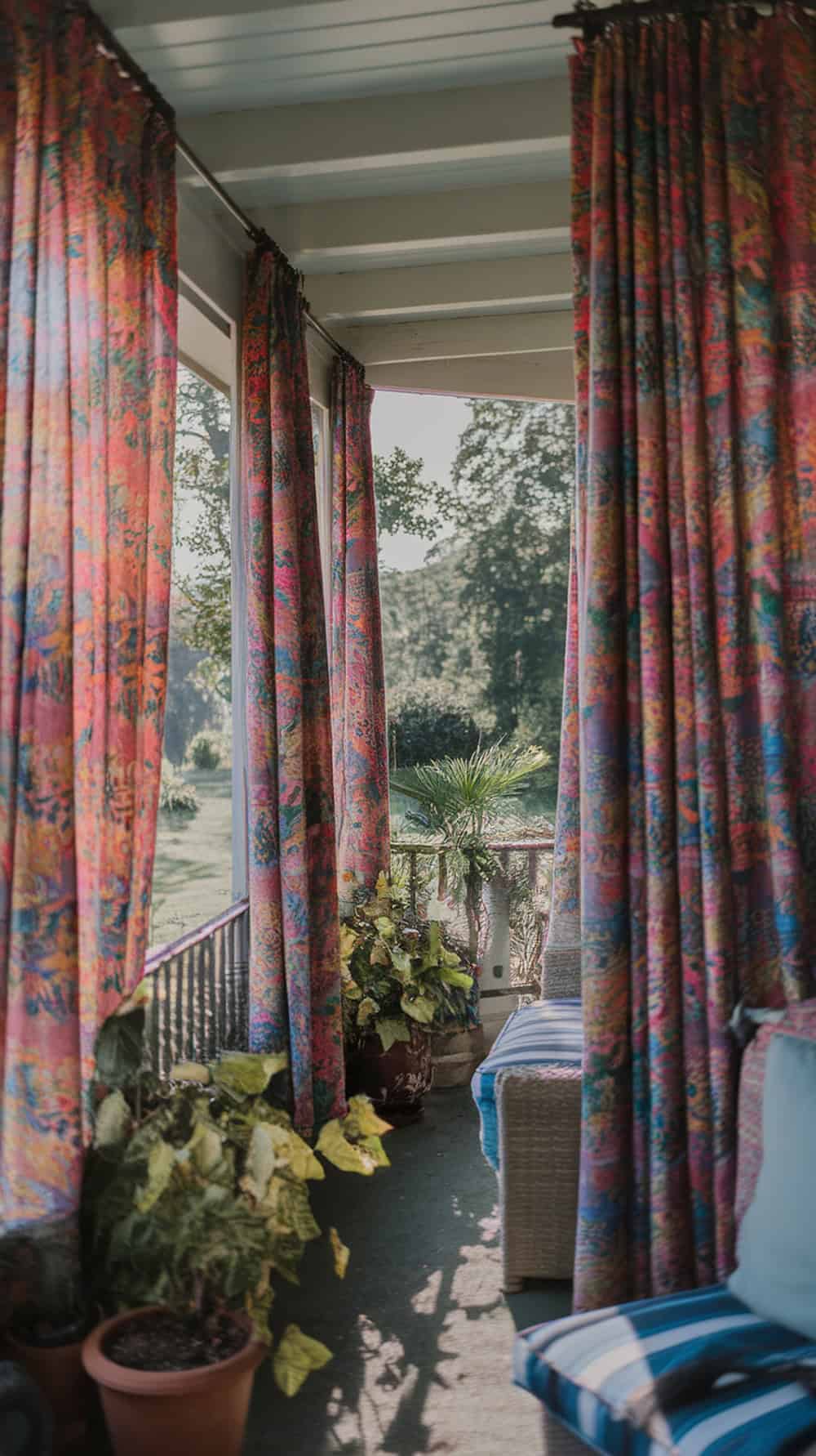 Colorful patterned curtains on a porch with plants and furniture.