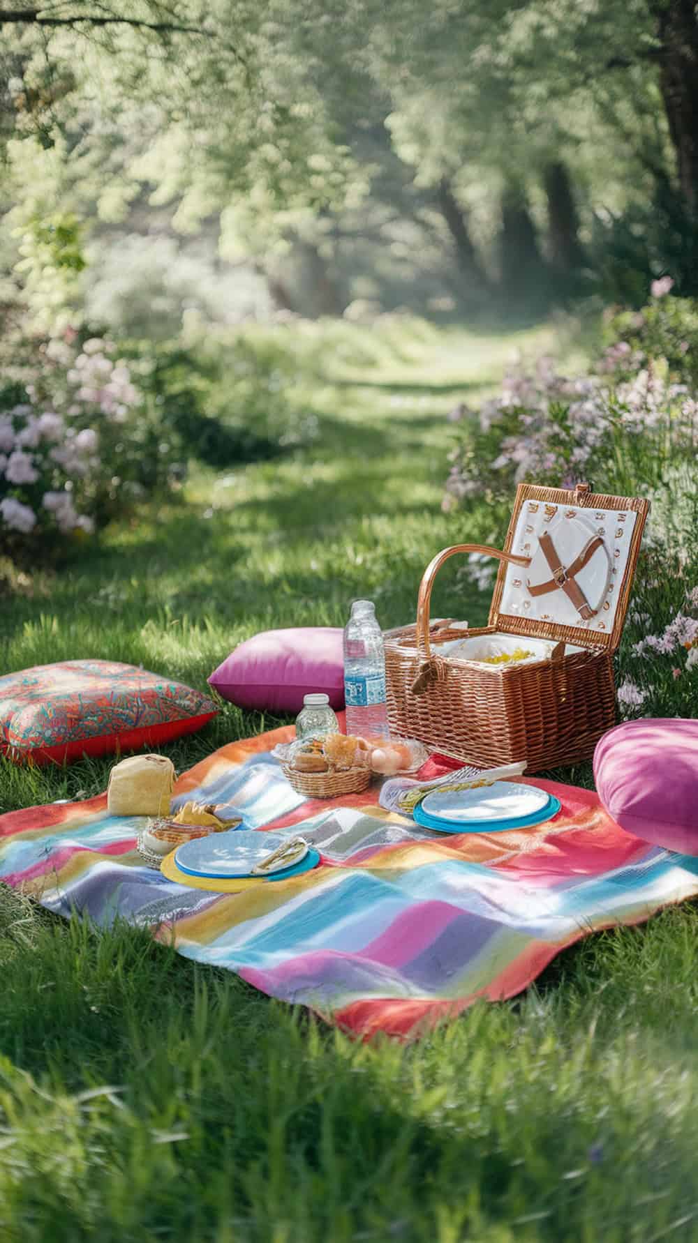 A picnic setup with colorful blankets and cushions on grass, featuring a basket and plates of food.