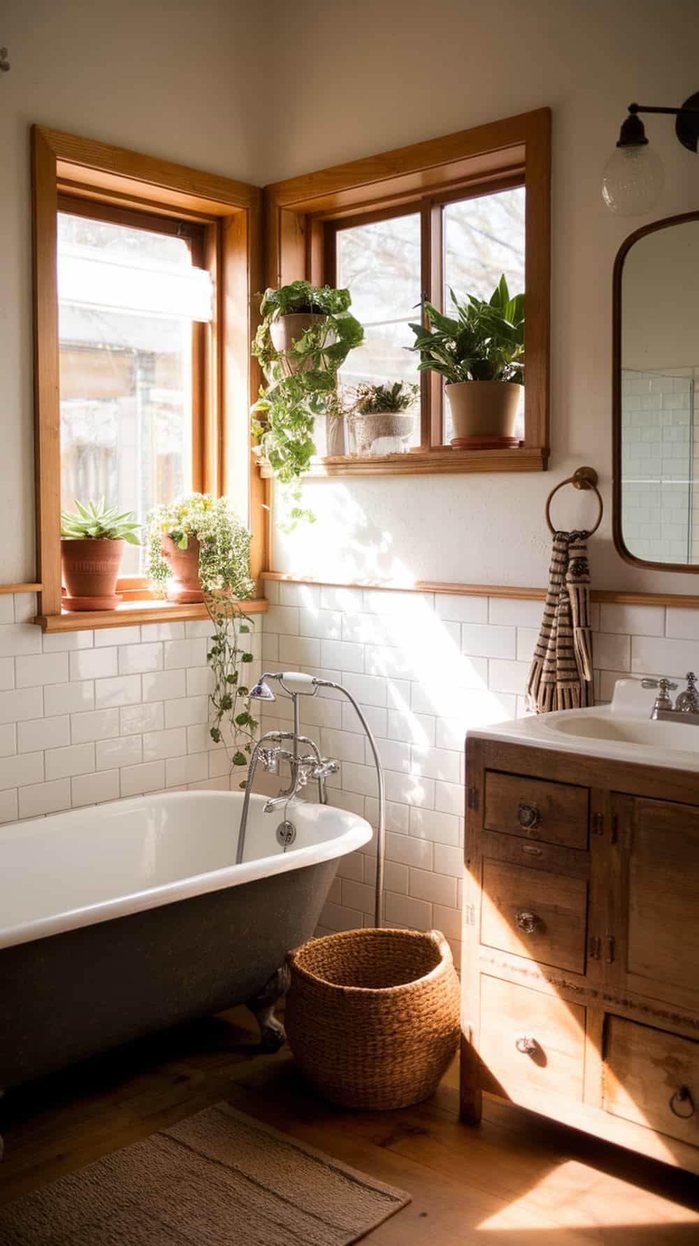 A rustic bathroom with potted green plants in the window corners, featuring a bathtub and wooden furniture.