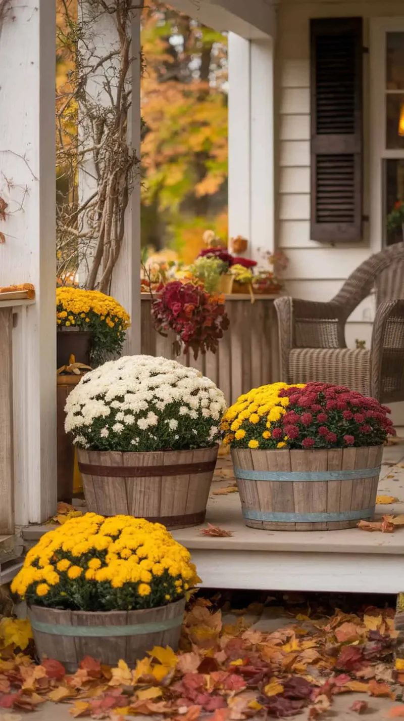 A cozy porch decorated with potted mums in wooden tubs, surrounded by autumn leaves.