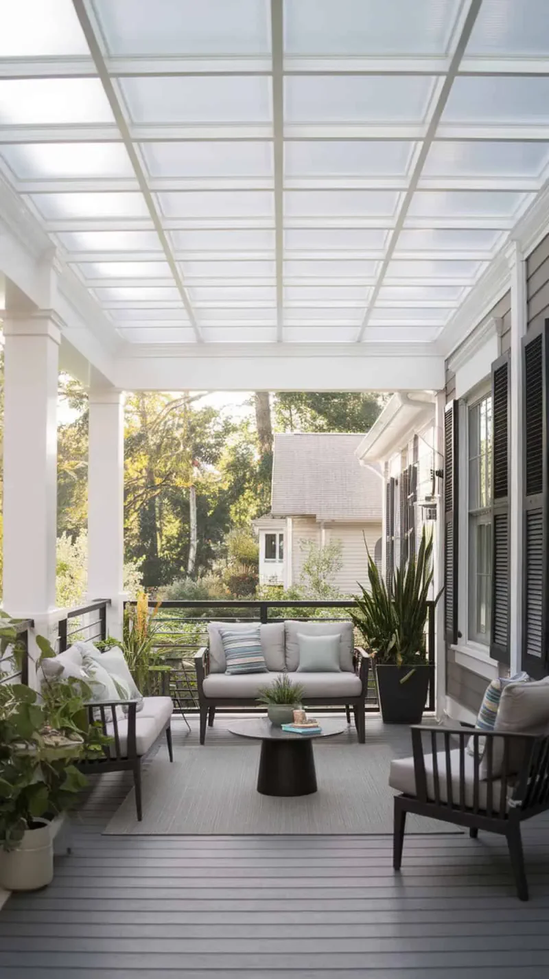 Bright porch with a PVC panel ceiling and cozy seating area.