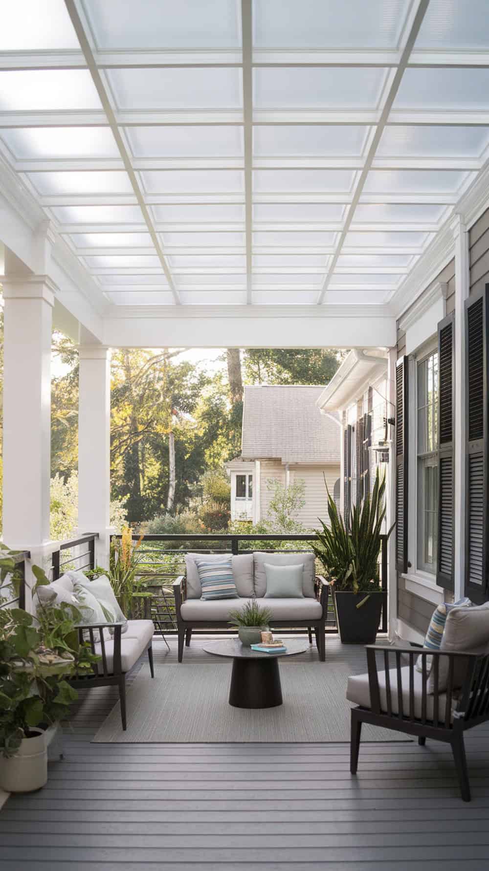 Bright porch with a PVC panel ceiling and cozy seating area.